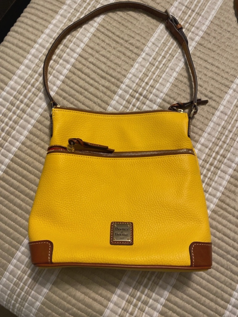 Dooney & Bourke Yellow Pebbled Leather Shoulder Bag with Brown Trim